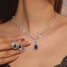Blue - Women Jewellery Sets Shein Vintage Sparkling Blue Teardrop Pendant Necklace & Earrings Jewelry Set, Bridal Luxurious Wedding Dress Accessories, Ideal For Parties And Events