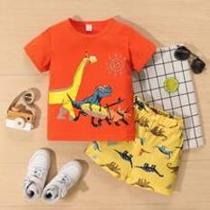 Orange Other Sets Children's Clothing Shein Young Boys' Dinosaur Printed Short Sleeve Top And Shorts Set