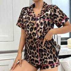 Adult - Leopard Clothing Shein Contrast Color Trimmed Leopard Print Faux Silk Revere Collar Shirt Shorts Pajama Set