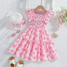 Shein Young Girls Mexican Children`S Day Summer Season Colorful Dopamine Pink Full Printed Slim Fitting Middle-Length Dress For Summer