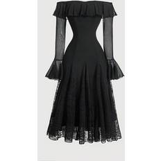 Shein Black OffShoulder Extra Long Sun Dress For WomenFall Women DressesHalloween ClothesFall Wedding Guest DressRenaissance DressOff Shoulder Long Sleeve