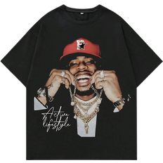 Shein Romwe Street Life Men's Portrait Printed Short Sleeve T-shirt - Black