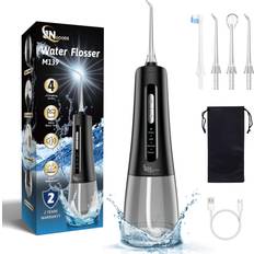 JNGOODS Cordless Water Dental Flosser oral irrigator,JNGOODS 300ml Rechargeable water flosser for teeth IPX7 Waterproof 4 Modes portable Oral Irrigator with 4 jet tips, Travel Home use Black