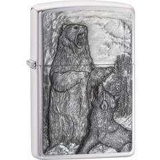 Lighters Zippo Bear vs Wolf Emblem Design Brushed Chrome Pocket Lighter