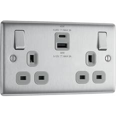 BG Bg nbs22uac45g brushed steel double socket with usb 45w type a & type c usb