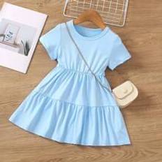 M Dresses Shein Young Girl Solid Color Round Neck Ruffle Hem Short Sleeve Casual Dress For Summer