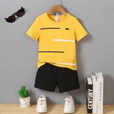 Cheap Other Sets Shein Young Boy TwoPiece Set Yellow Knitted Striped Printed Round Neck Short Sleeves And Black Casual Knitted Sports Shorts The TwoPiece Set Is Suitable For