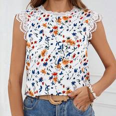 Shein Holiday Frenchies Woven Printed Women Shirts With Round Neck Cuff Links And Spliced Lace Trim For Women