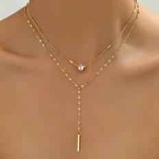 Shein 1pc Gold Y-Shaped Design Layered Necklace, Details Decorated With Rhinestones & Artificial Pearls, Suitable For Daily Wear By Women, Friendship Gifts