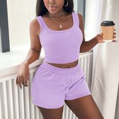 Purple - Women Shorts Shein New Summer Womens Casual Light Purple Vest Shorts Set Beach Vacation pcs Outfit
