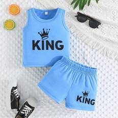 Cheap Other Sets Shein Baby Boys Summer Casual Sports BeachStyle Crown Letter Printed Sleeveless Top And Shorts Outfits Set