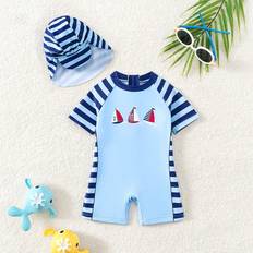 3-6M Bathing Suits Shein Baby Boy Summer Beach Color Block Striped Splice Sailboat Printed OnePiece Swimsuit