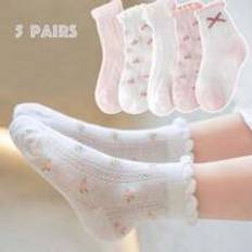 5pairs/Set Girls Kids Mesh High Elasticity Socks, Frilly Lace Hem Floral Trim Athletic Socks, Spring/Summer, Pink And White