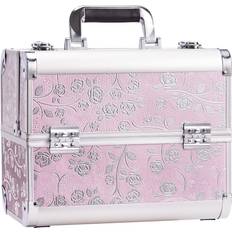 Stagiant Professional Large Makeup Case Aluminium Cosmetic Vanity Box Beauty Organiser Case Train Case 4 Trays Lockable Lock with Keys, Pink Rose