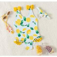 12-18M - Multifärgade Baddräkter Shein Baby Girl's Beach Holiday Color Block Striped Lemon Printed 1pc Swimsuit