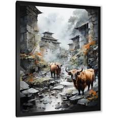 Design Art Yaks Urban Visitor Black Framed Art 12x20"