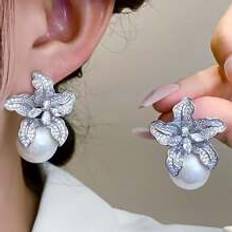 Smycken Shein 1pair Women Elegant Floral Design Rhinestone Stud Earrings, All Seasons European & American Style Pearl-Like Earrings Suitable For Street Pa
