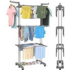 Bigzzia Clothes Drying Rack 4-Tier Folding Clothes Airer, Metal Laundry Drying Rack Collapsible Clothes Rack, Bottom fold, grey