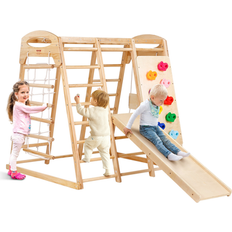 VEVOR Indoor Jungle Gym, 7-in-1 Toddler Indoor Playground, Wooden Toddler Climbing Toys Indoor with Wood & Rope Ladder, Net Ladder, Swing, Monkey Bar