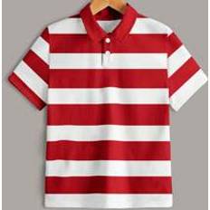 Röda Pikétröjor Barnkläder Shein Tween Boy Red & White Striped Half Button Casual Polo Shirt