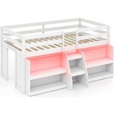 Loft Beds Costway Twin Loft Bed with LED Lights with Staircase Safety Guardrail-White