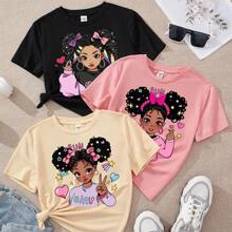 Children's Clothing Shein Tween Girl Casual Simple Cartoon Printed TShirt pcsSet Black Pink Apricot Suitable For Summer