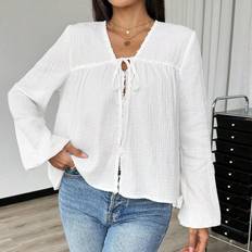 Shein Damen einfarbige Bluse mit Bindedetail, Frühling Herbst
