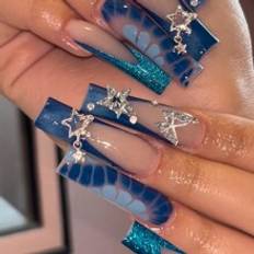 Shein 24pcs/Set Y2K Long Coffin Press On Nails French Tips Acrylic Nails 3D Stars False Nails