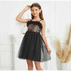 Shein Tween Girls' Summer Glitter Tulle Patchwork Fluffy Swing Cami Dress With Sparkly Straps