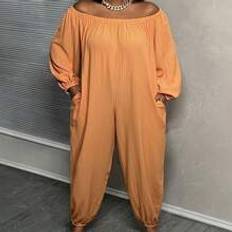 Dam - Orange Jumpsuits & Overaller Shein Slayr Plus Holiday & Leisure Women Summer Jumpsuit, Oversize, Off-Shoulder, Wide-Leg, Solid Black, Non-Stretch, Woven Texture, Z