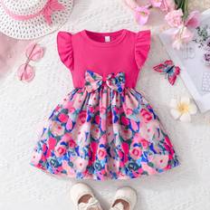 18-24M Dresses Shein Baby Girl Summer Flyaway Sleeve Butterfly Decor Floral Print Patchwork Dress