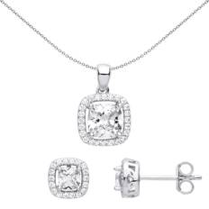 Rhodium Jewellery Sets Jewelco London Silver cushion cz tv square halo solitaire earrings necklace set