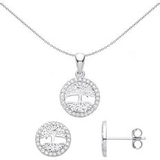 Rhodium Jewellery Sets Jewelco London Sterling silver cz circle of life tree halo earrings necklace set