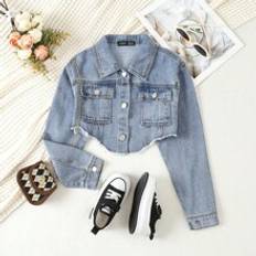 Children's Clothing Shein Tween Girl Flap Pocket Raw Hem Crop Denim Jacket