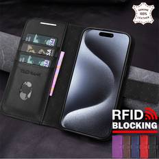 For iphone 15, 15 pro max, 15 plus genuine leather rfid wallet stand case cover