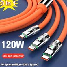 Shein 3 In 1 120W 6A Zinc Alloy Super Fast Charge Data Cable Compatible With IPhone Xiaomi Redmi Huawei OPPO Phone Charger USB Line Type C Micro USB Cord