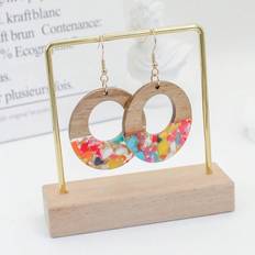 Wood Earrings Shein pair Womens Earrings Resin Walnut Wood Inlaid Fashionable Retro Trendy Earrings