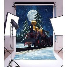 Photo Backgrounds GreenDecor Sold by: FajasStore, 5x7ft Backdrop Photography Background Winter Forest Night Fairytale Train Snow Covered Railway Pine Tree and Full Moon Scenery Backdrop Mer