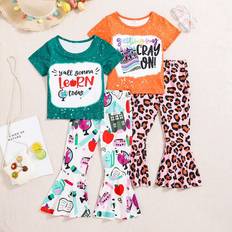 Leopard Other Sets Children's Clothing Shein pcs Young Girls Casual Cute Letter Print Short Sleeve Top Cartoon Flared Pants Piece Set