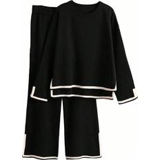 Shein Holiday Leisure Color-Blocking Edging Long Sleeve Top Long Pants Sweater Set