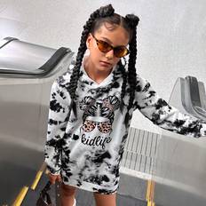 Leopard Dresses Children's Clothing Shein Teen Girls Casual Cool Leopard Print Tie Dye Hooded Dress With Headshot Letter Print Long Sleeve