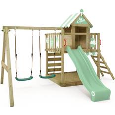 Wickey Wooden climbing frame Smart Candy with swing set and purple slide, Playhouse on stilts for kids with sandpit, climbing ladder &