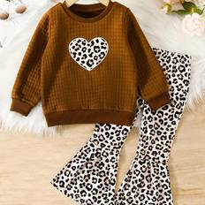 Leopard Other Sets Children's Clothing Shein pcs Girls Heart Houndstooth Patterned Long Sleeve Top With Leopard Print Flared Pants Casual Outfit For Toddlers Young Girl