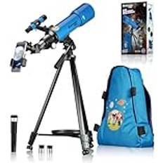 Bresser Junior barnteleskop 70/400 lineleskop för barn från 8 år, astronomi nybörjare, teleskop med ryggsäck, tillbehör och smartphone-hållare, natthimmel observation blå