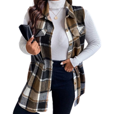 Women Clothing Shein Essnce Plus Size Plaid Pattern Flap Detail Sleeveless Coat