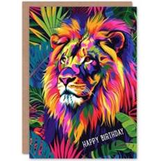 ARTERY8 Birthday Card Jungle Lion Vibrant Colourful Design For Him Dad Brother Son Papa Grandad Greeting Card Multi One Size