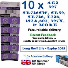 10 x 1.55v alkaline battery ag2, 397, sr726sw, sr59, sr726, l726 uk seller