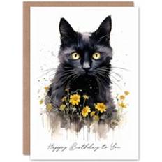 White Cards & Invitations ARTERY8 Birthday Greeting Card Black Cat Lover Yellow Flowers For Her White One Size