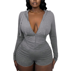 Slim - Women Jumpsuits & Overalls Shein Slayr Casual Street Style Gray Hooded Crop Top & Tight Shorts Two-Piece Set With Front Zipper - Z