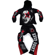 Shein Manfinity EMRG Men's Street Style Dark Gothic Black And Red Color-Block Graffiti Hooded Sweatshirt And Pants Set,Streetwear, Men Two Pieces Outfits,Black And White Outfits, Halloween